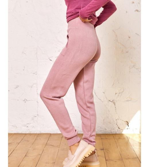 Рожеві вовняні в`язані штани з манжетами