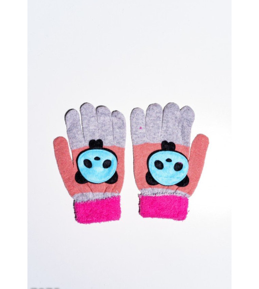 Сіро-малинові вовняні одношарові рукавички з об`ємною аплікацією