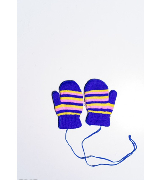 Вовняні подвійні рукавички кольору електрик з яскравими смужками і об`ємної аплікацією