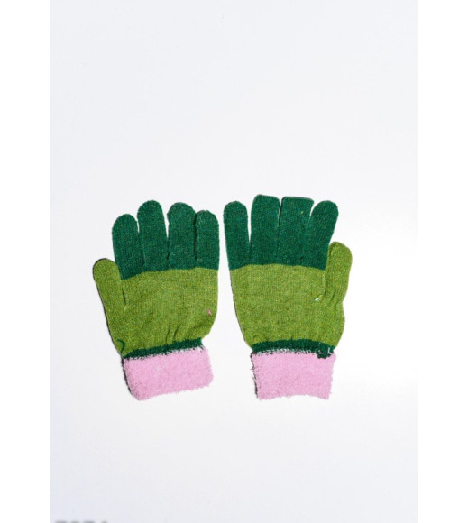 Зелено-розовые шерстяные однослойные перчатки с объемной аппликацией