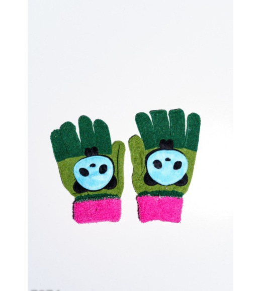 Малиново-зелені вовняні одношарові рукавички з об`ємною аплікацією