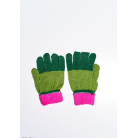 Малиново-зеленые шерстяные однослойные перчатки с объемной аппликацией