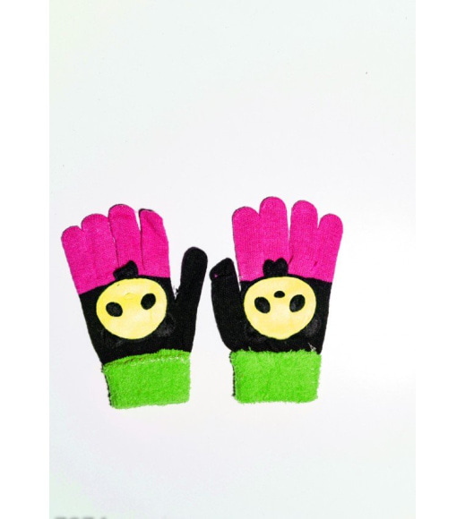 Чорно-зелені вовняні одношарові рукавички з об`ємною аплікацією