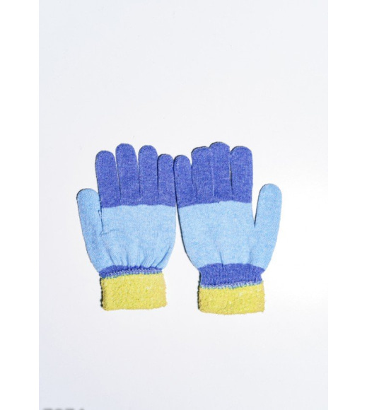 Синьо-жовті вовняні одношарові рукавички з об`ємною аплікацією