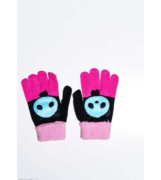 Черно-розовые шерстяные однослойные перчатки с объемной аппликацией