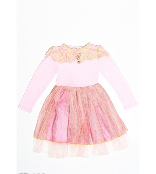 Розовое трикотажное нарядное платье с фатиновой юбкой и кружевом