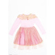Розовое трикотажное нарядное платье с фатиновой юбкой и кружевом