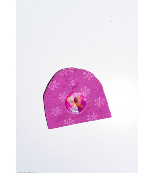 Рожева демісезонна шапка з нашивкою і сніжинками