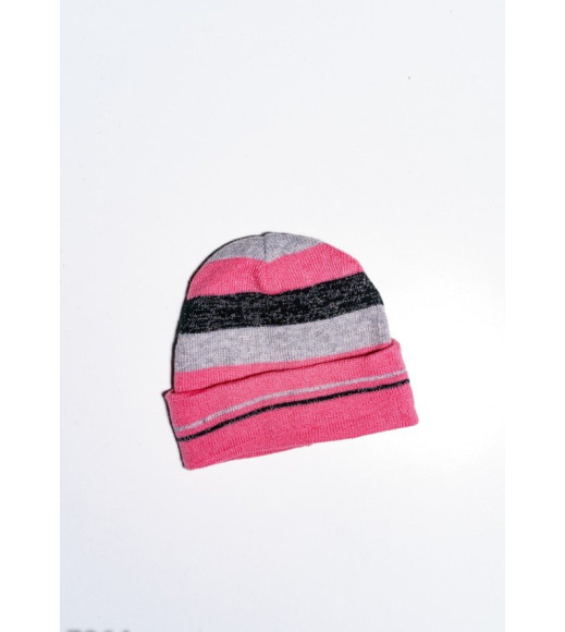 Демисезонная серо-розовая однослойная шапка с подворотом