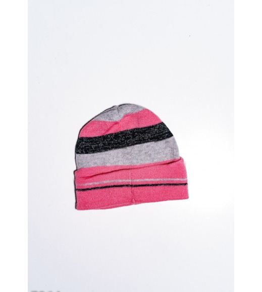 Демісезонна сіро-рожева одношарова шапка з підворотом