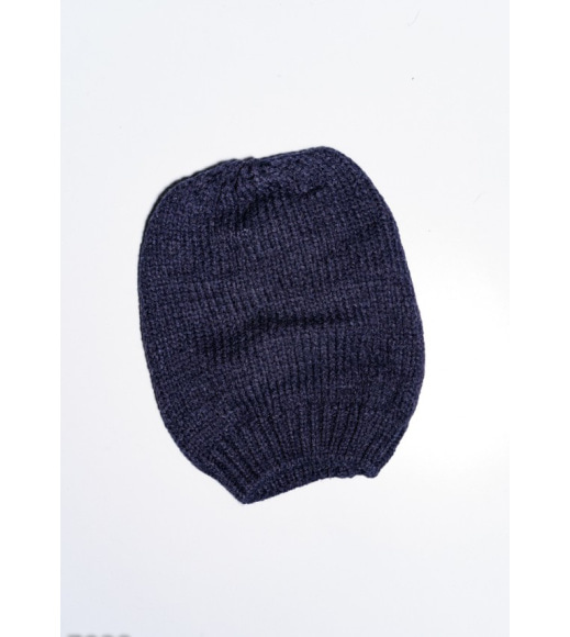 Темно-синяя шерстяная вязаная демисезонная шапка с эластичной манжетой