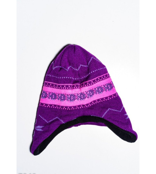 Фиолетово-розовая вязаная шапка на флисе с ушками