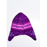 Фиолетово-розовая вязаная шапка на флисе с ушками