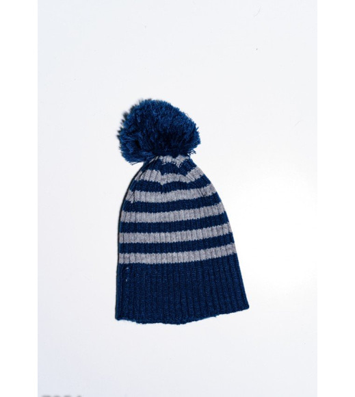 Синьо-сіра смугаста шапка з помпоном
