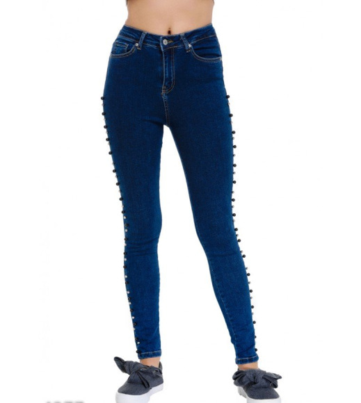 Синие облегающие джинсы скинни с бусинами по бокам