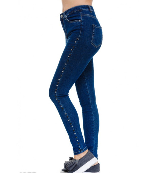 Синие облегающие джинсы скинни с бусинами по бокам
