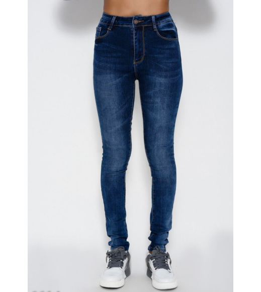 Синие потертые джинсы скинни высокой эластичности