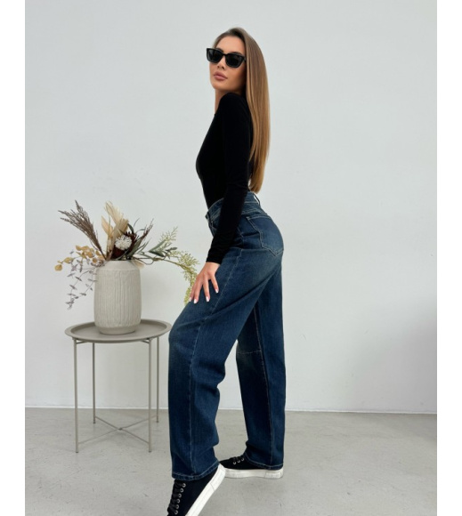 Темно-синие потертые джинсы багги