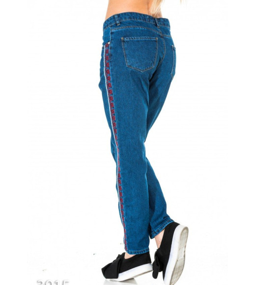 Сині джинси-труби з вишитим орнаментом з боків