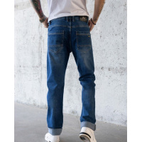 Синие джинсы с анатомическими потертостями