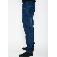Синие потертые прямые джинсы с клапанами на карманах