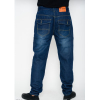 Синие потертые прямые джинсы с клапанами на карманах
