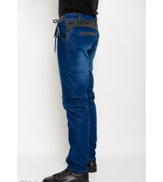 Синие прямые джинсы на резинке с трикотажными вставками