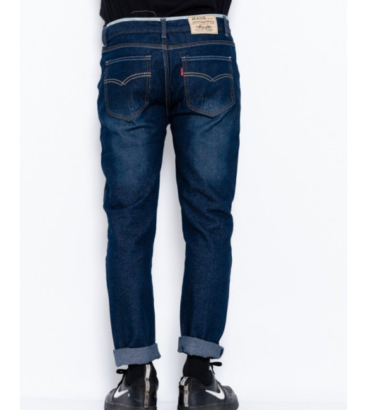 Синие прямые мужские джинсы с перфорацией
