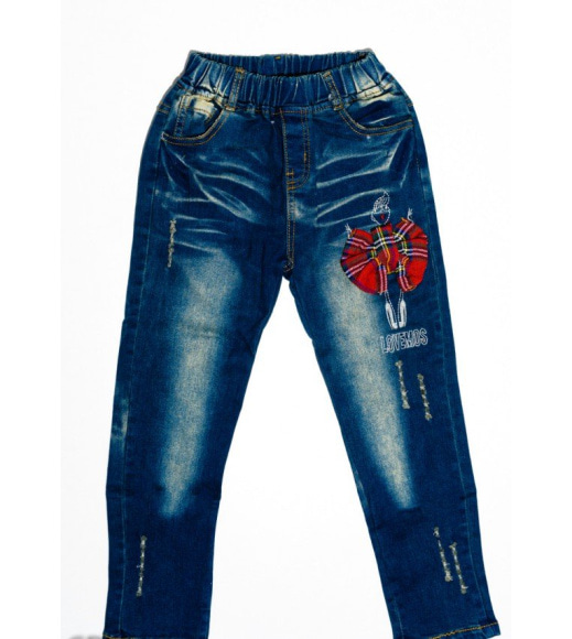 Сині джинси з кишенею з пайеток, потертостями і перфорацією