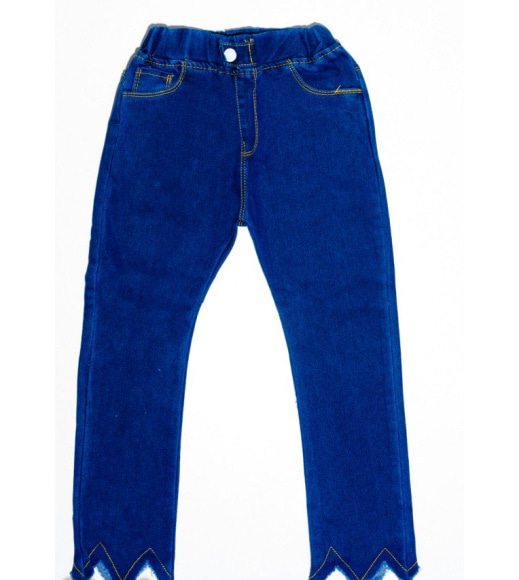 Синие однотонные джинсы на резинке с бахромой и фактурным срезом