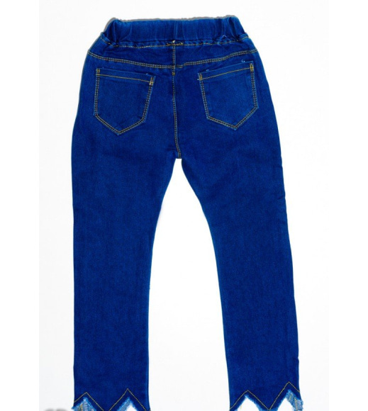 Синие однотонные джинсы на резинке с бахромой и фактурным срезом