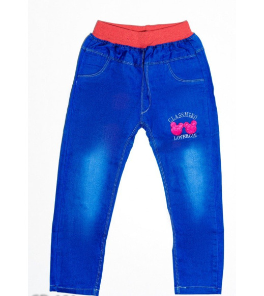 Синие тонкие джинсы на резинке с аппликациями