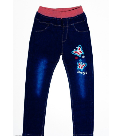 Темно-синие джинсы на резинке с вышивкой и потертостями