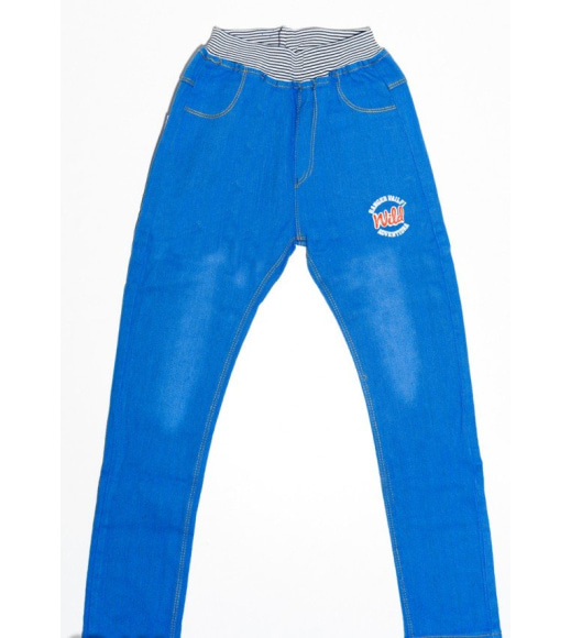 Блакитні джинси на гумці з принтом і кишенями ззаду