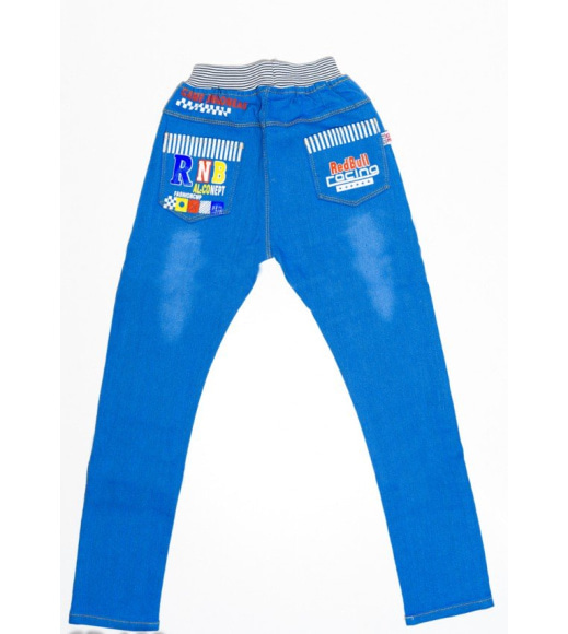 Голубые джинсы на резинке с принтом и карманами сзади