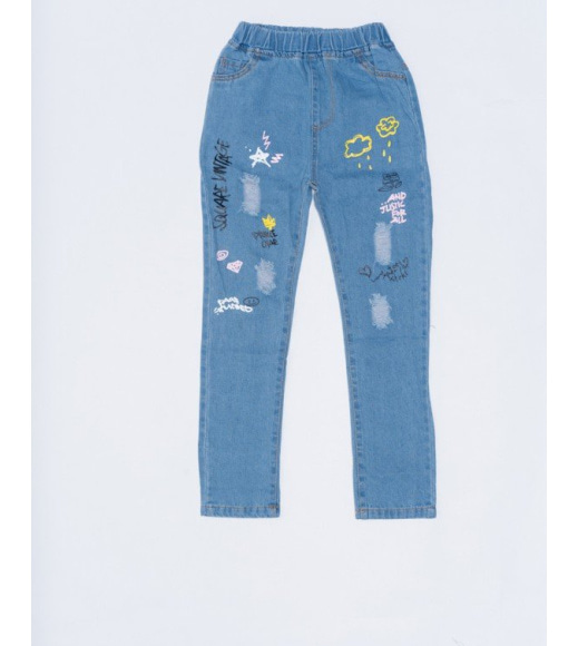 Голубые рваные джинсы с принтом