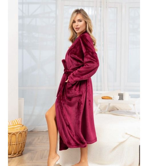 Бордовый махровый халат с накладными карманами