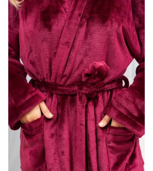 Бордовий махровий халат із накладними кишенями