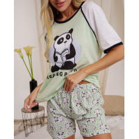 Мятная хлопковаяя пижама с шортами декорированная пандами