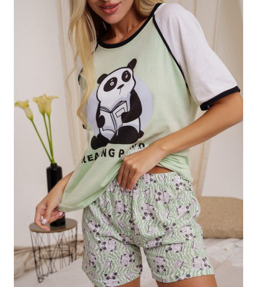 М'ята бавовняна піжама з шортами декорована пандами