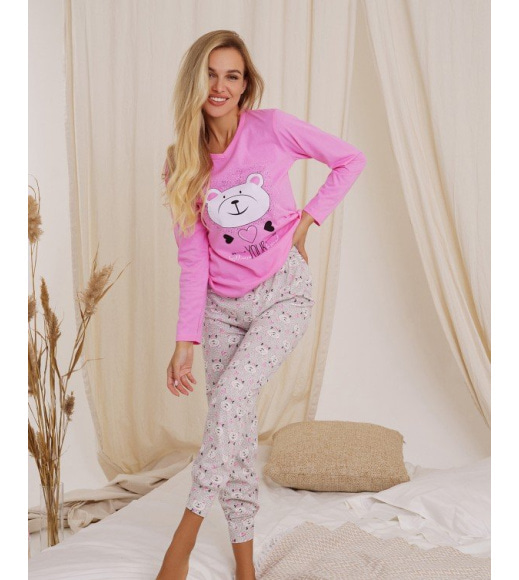 Розовая трикотажная пижама с мишками