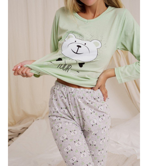 Мятная трикотажная пижама с мишками