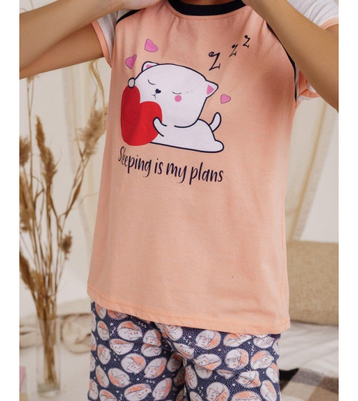 Персиковая хлопковая принтованная пижама с шортами