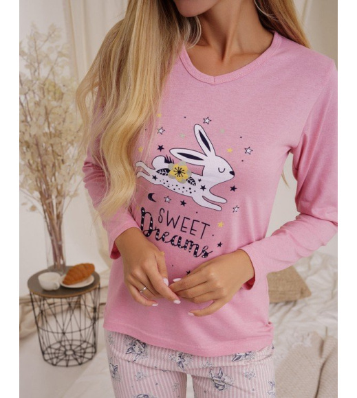 Розовая хлопковая брючная пижама с зайцами