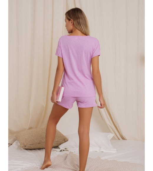 Розовая трикотажная пижама в горошек