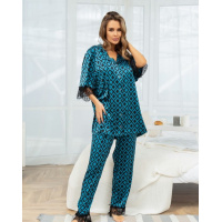 Шелковая принтованная пижама с кружевом
