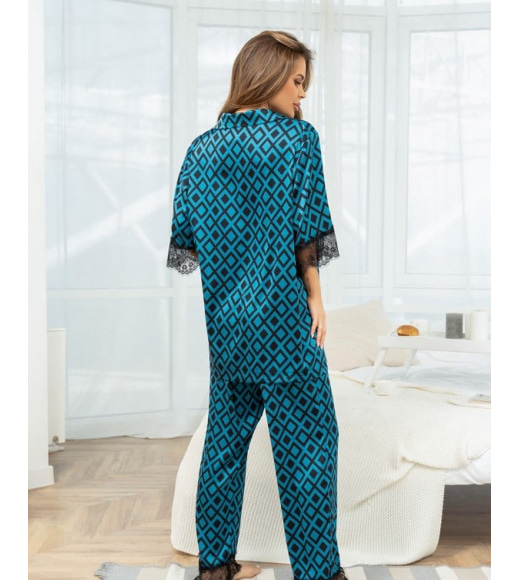 Шелковая принтованная пижама с кружевом