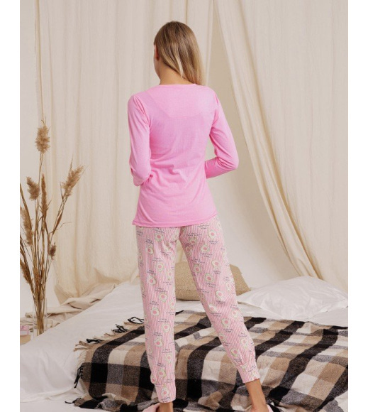 Розовая хлопковая брючная пижама с авокадо
