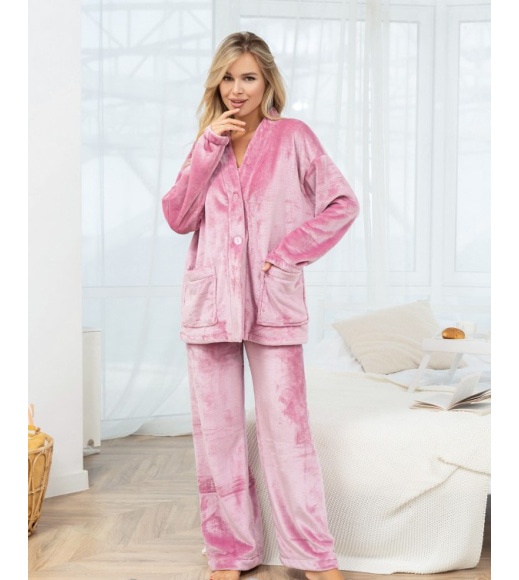 Розовая махровая пижама с карманами