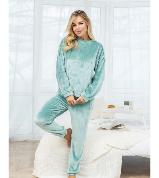 Мятная махровая пижама с длинными рукавами